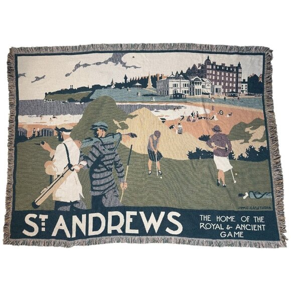 St Andrews Golf Afghan Throw Blanket Tapestry GOODWIN WEAVERS 29.5x67" - Picture 3 of 11